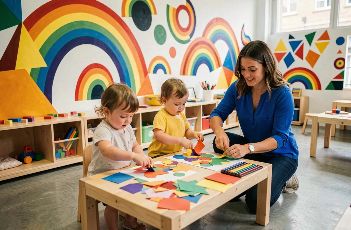 Des enfants créent des collages colorés dans la salle aux murs peints de la micro-crèche 1,2,3... Couleurs ! à Toulouse