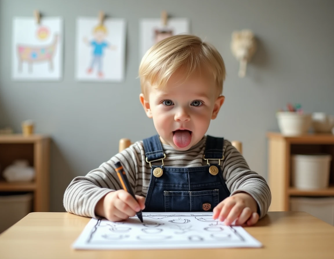 Garçon de 2 ans en train de colorier une fiche d'activité imprimable à la maternelle petite section avec un crayon épais
