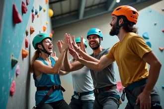 Groupe d'adultes célébrant une activité escalade en salle pour un anniversaire sensations fortes