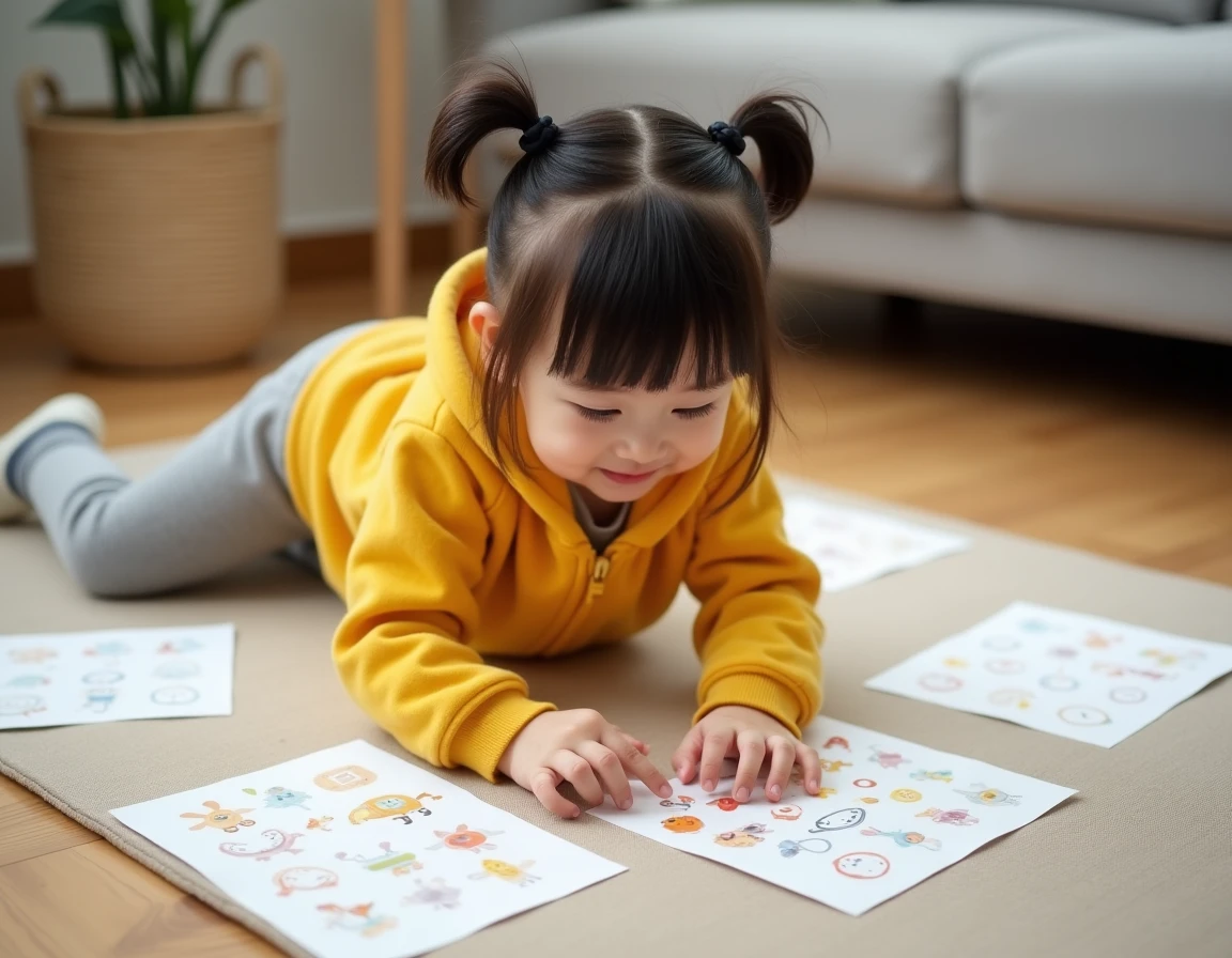 Petite fille de maternelle allongée sur un tapis réalisant une activité imprimable avec des gommettes pour enfant de 2-3 ans