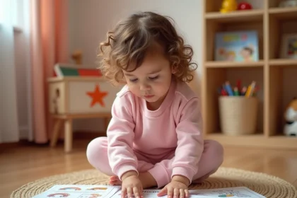 Petite fille de 2-3 ans en maternelle concentrée sur des activités imprimables colorées posées sur le sol en bois