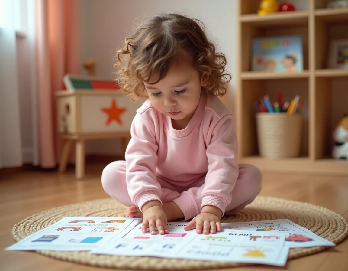 Petite fille de 2-3 ans en maternelle concentrée sur des activités imprimables colorées posées sur le sol en bois