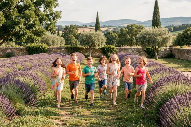 Enfants courant et jouant dans un parc verdoyant en Provence, activités familiales en Bouches-du-Rhône