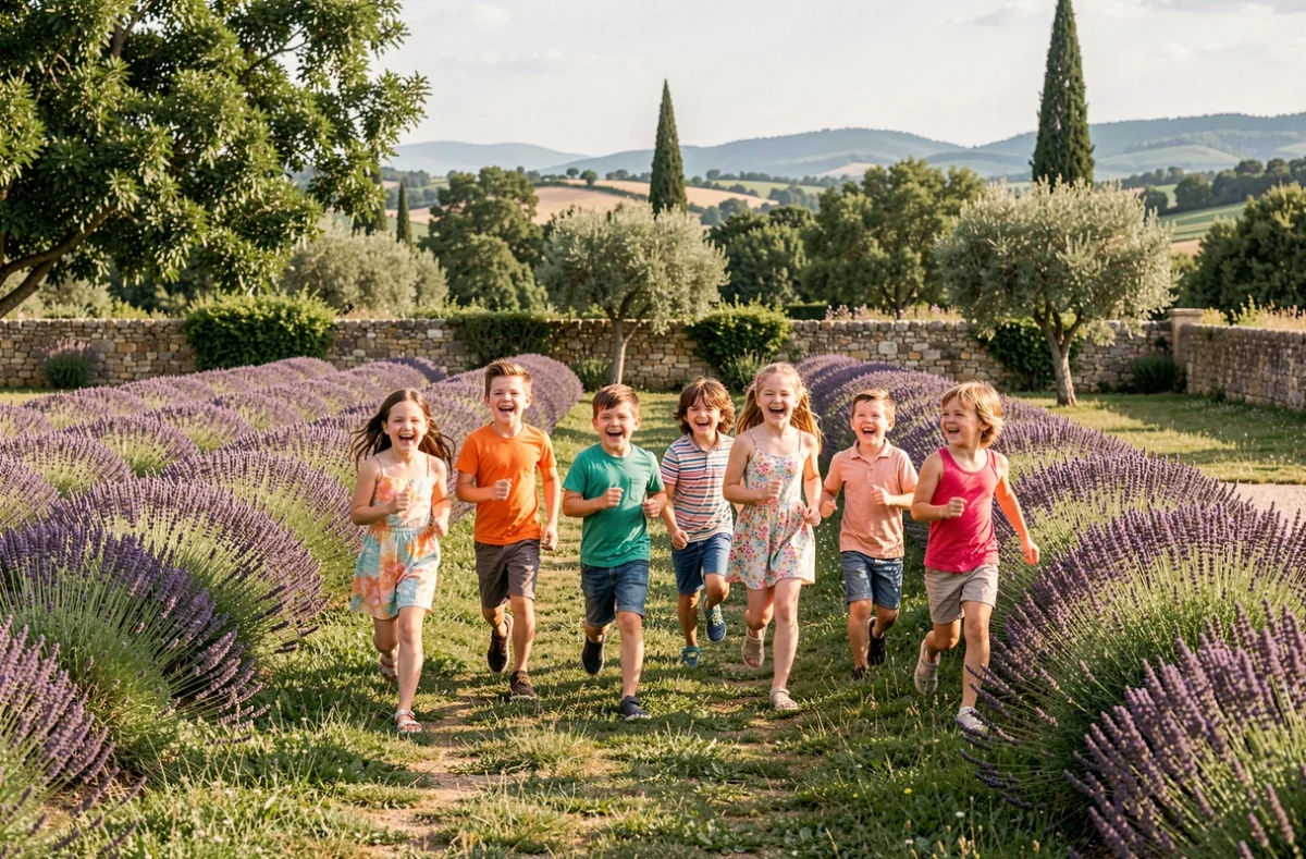 Enfants courant et jouant dans un parc verdoyant en Provence, activités familiales en Bouches-du-Rhône