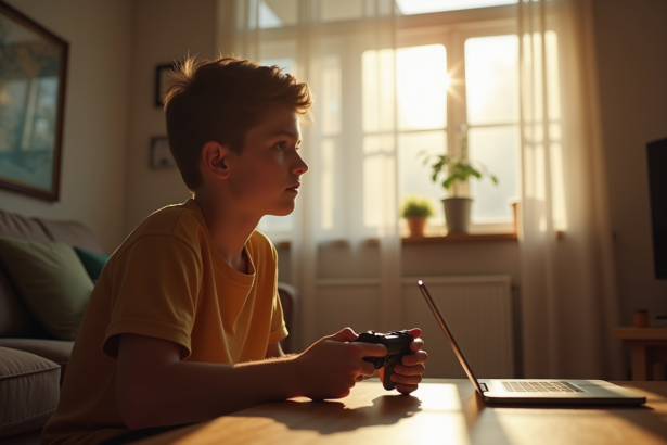 Adolescent seul dans un salon lumineux avec manette de jeu