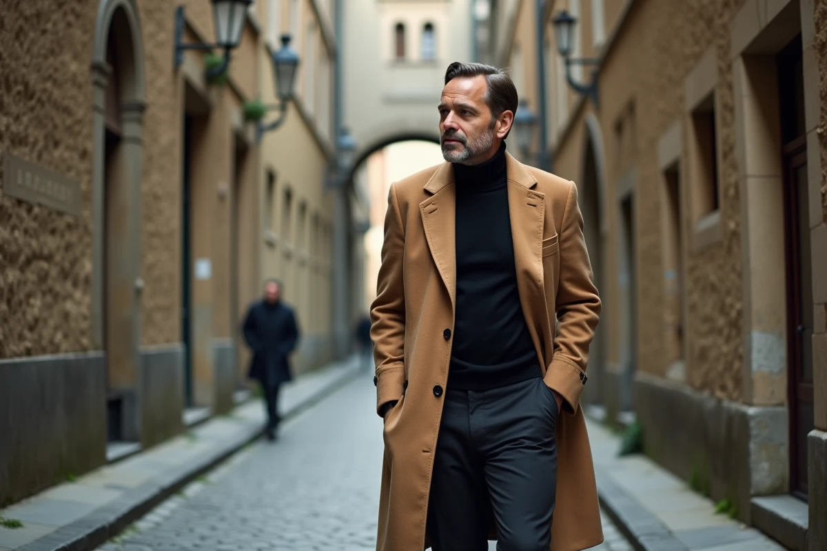 Homme en manteau beige marchant seul dans une ruelle pavée, évoquant la discrétion d'une célébrité fuyant la notoriété