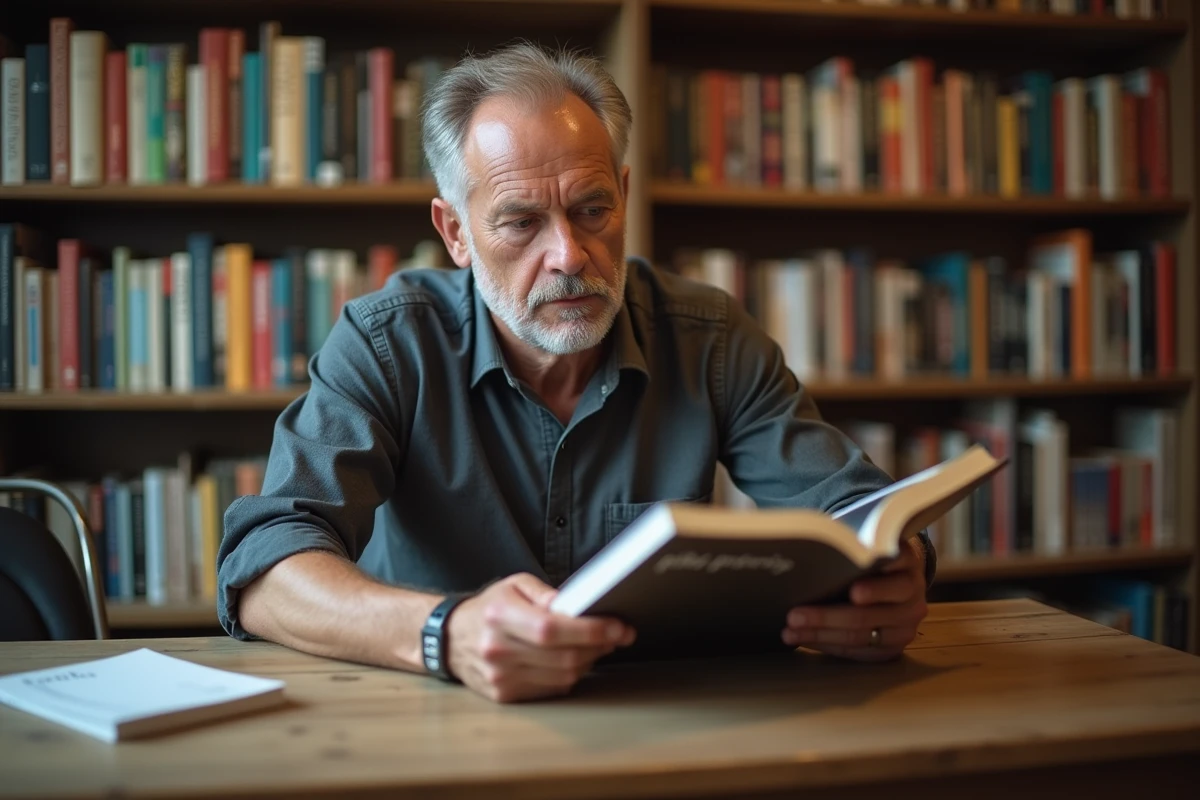Homme discret feuilletant un livre dans une librairie indépendante, illustrant une personnalité publique préservant son intimité