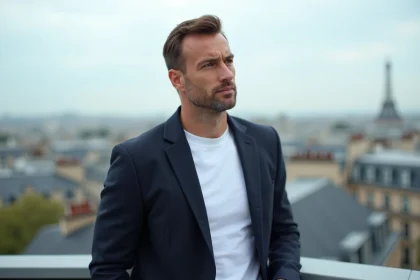 Portrait d'un homme discret en blazer marine sur un rooftop parisien, symbolisant une célébrité loin des projecteurs
