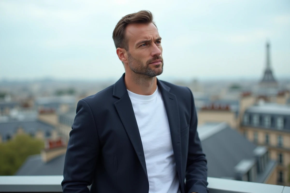 Portrait d'un homme discret en blazer marine sur un rooftop parisien, symbolisant une célébrité loin des projecteurs