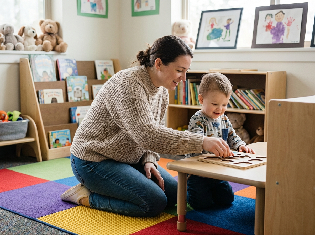 Assistante aidant un enfant à faire un puzzle dans la classe
