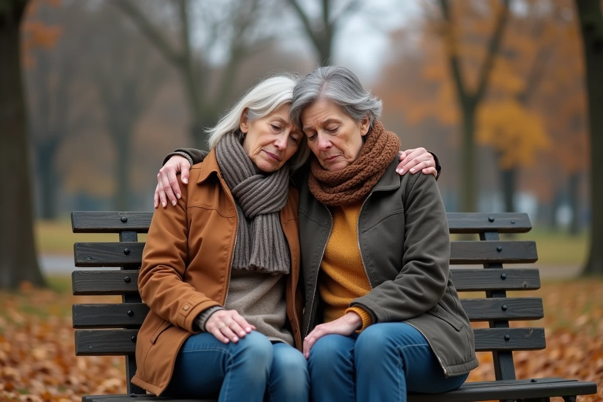 Deux amies se soutenant mutuellement sur un banc de parc en automne après un deuil