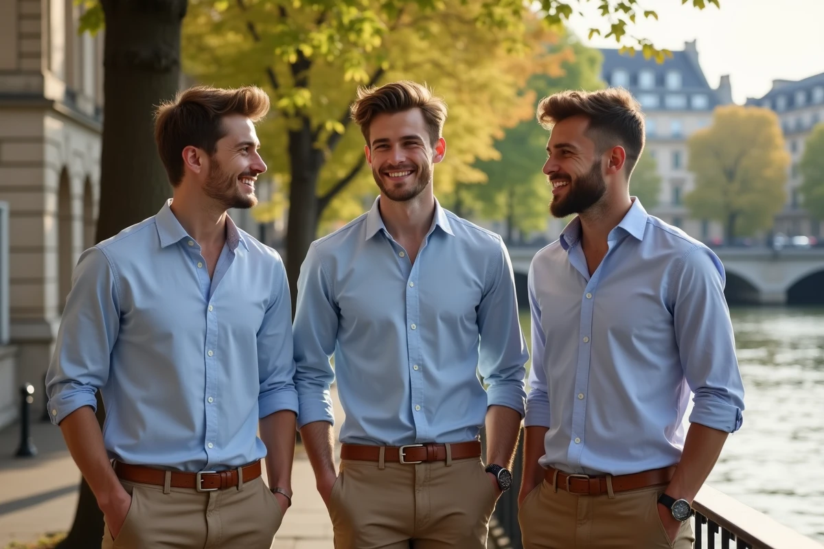 Trois jeunes hommes souriants au bord de la Seine à Paris