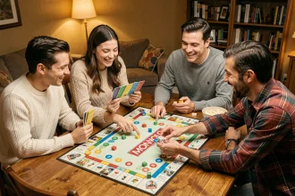 Groupe d'amis adultes jouant au Monopoly classique autour d'une table en bois dans un appartement chaleureux