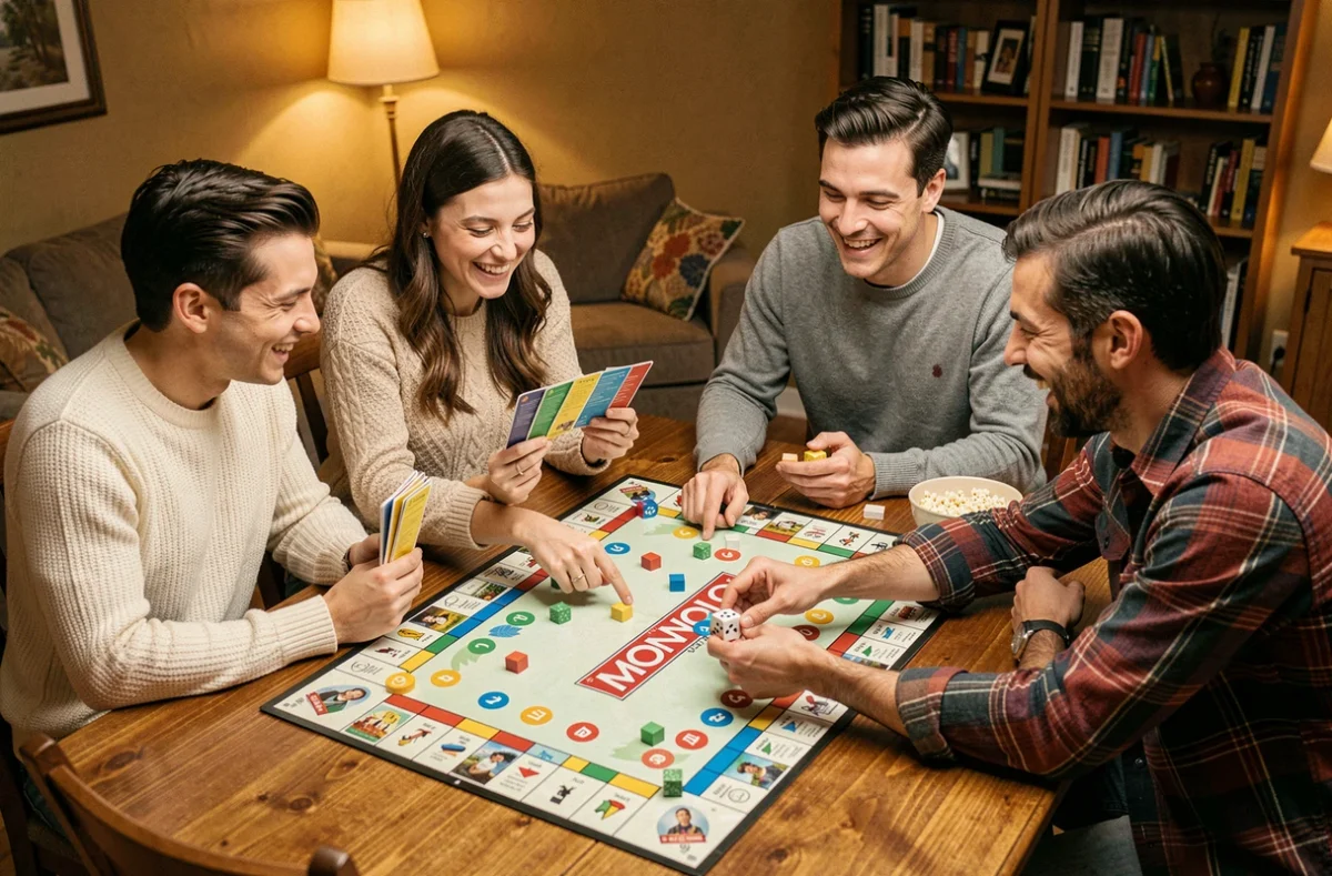 Groupe d'amis adultes jouant au Monopoly classique autour d'une table en bois dans un appartement chaleureux
