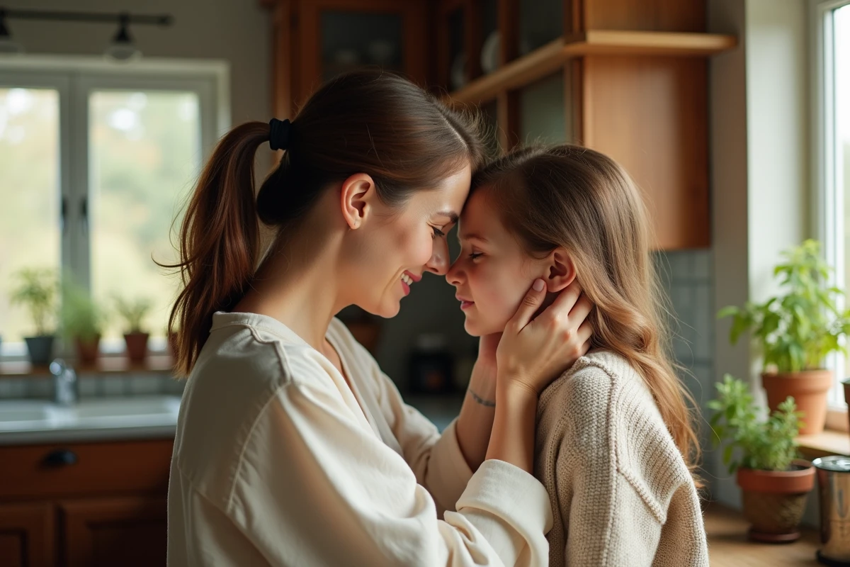 Mère tenant tendrement le visage de sa fille adolescente dans une cuisine chaleureuse, symbole de l'amour maternel inconditionnel