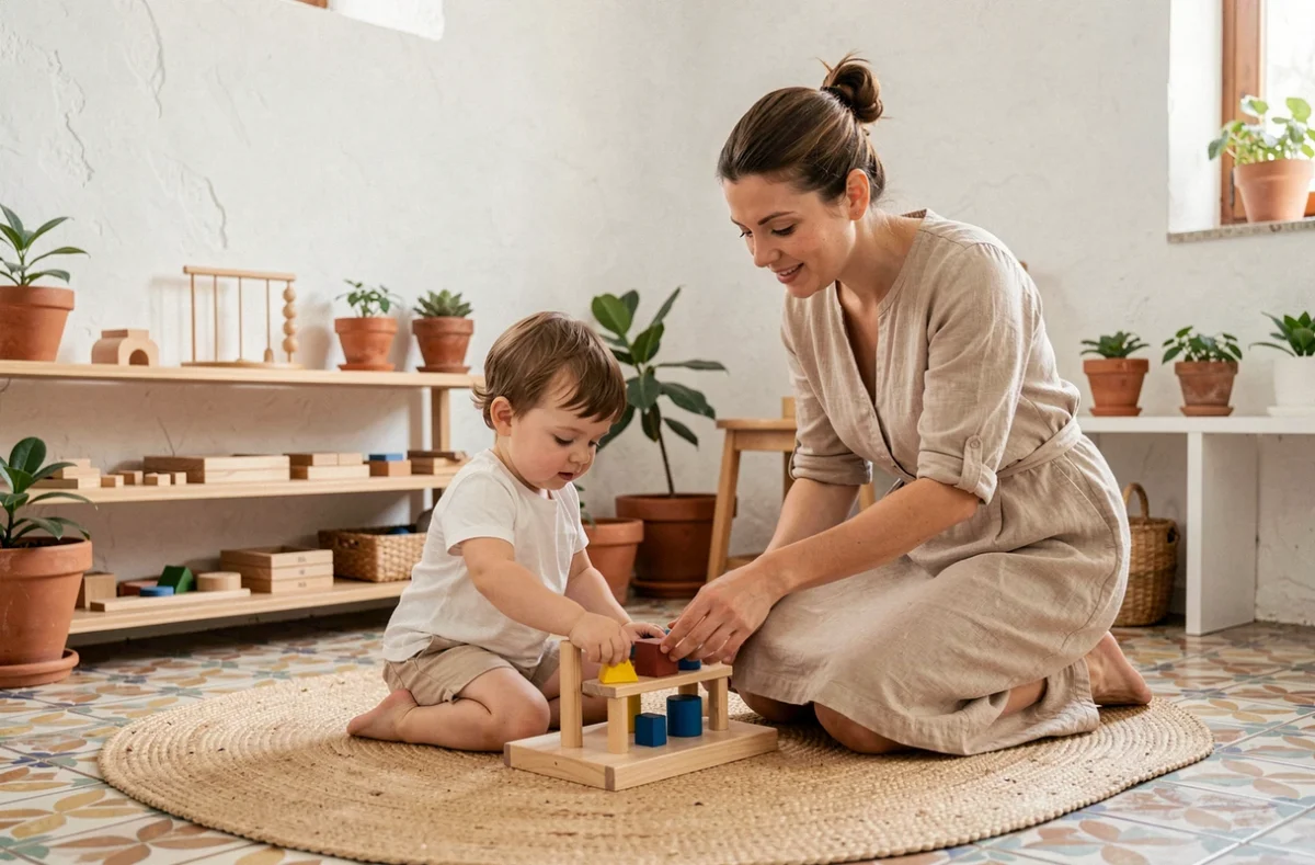 Une éducatrice guide un tout-petit dans un exercice de tri de formes en bois dans la micro-crèche Baby Éveil de Lattes