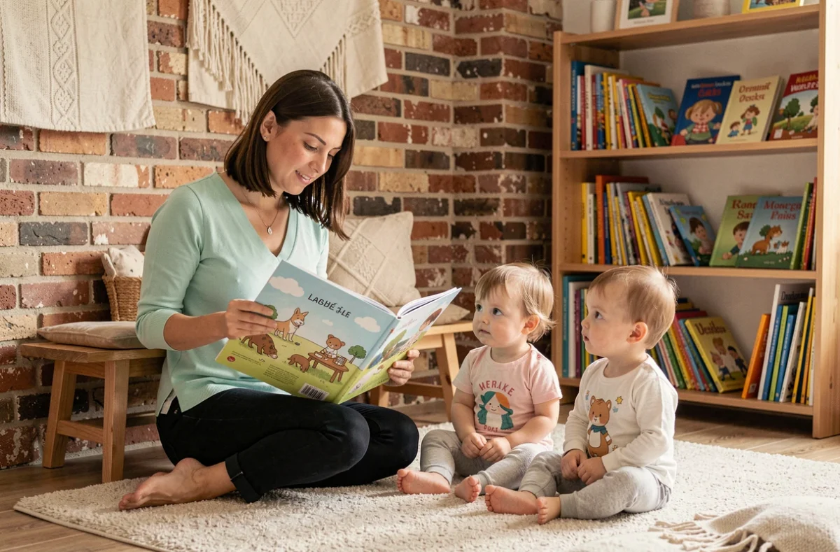 Une auxiliaire de puériculture lit un album illustré à deux tout-petits sur un tapis douillet dans la micro-crèche Baby Love de Labège
