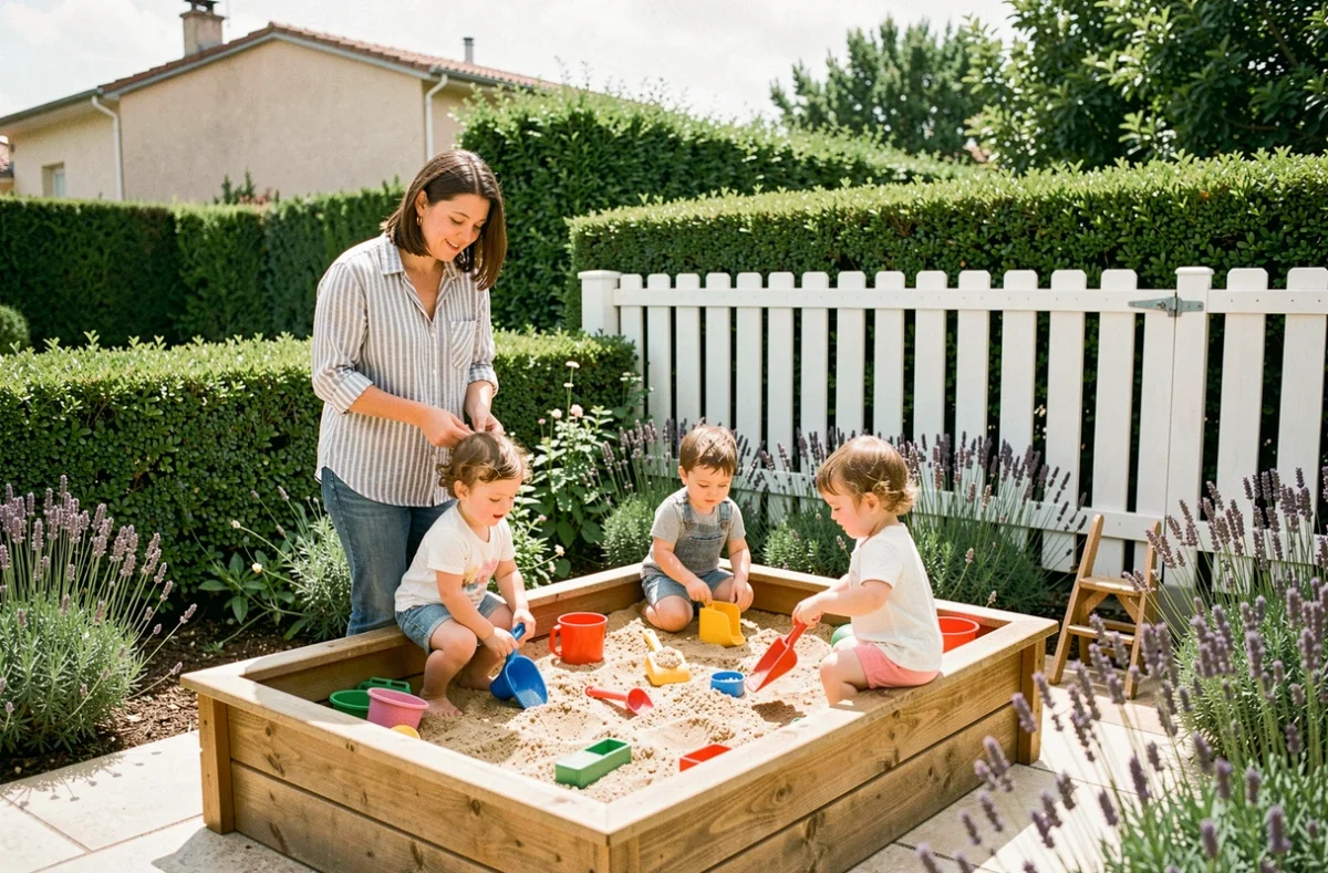 Des enfants jouent dans un bac à sable sur la terrasse extérieure ensoleillée de la micro-crèche Baby Love de Saint-Alban