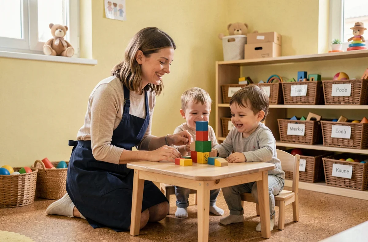 Une éducatrice souriante joue avec des jeunes enfants autour d'une table en bois dans la micro-crèche Baby Love de Tournefeuille