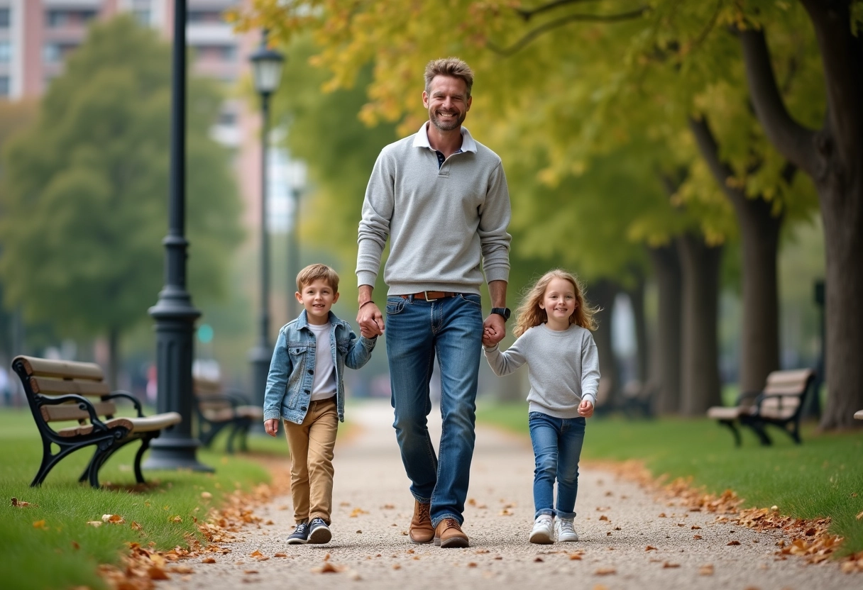Famille se promenant dans un parc urbain en famille