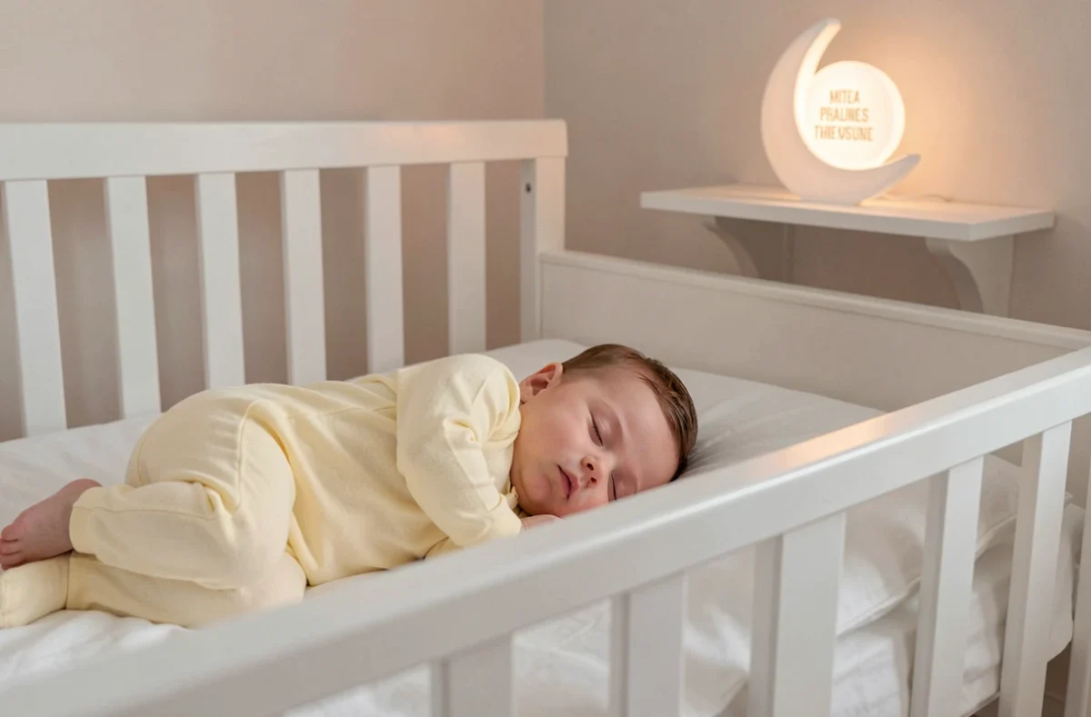 Bébé endormi dans son berceau en bois blanc avec une veilleuse personnalisée en forme de lune diffusant une lumière douce dans la chambre