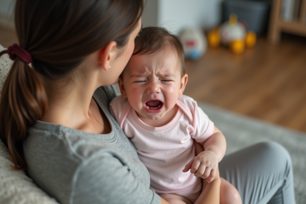 Bébé fille en coton pastel pleurant dans les bras de sa mère