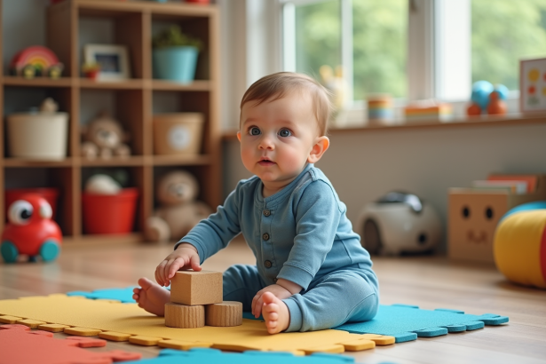 Bébé de 9 mois en pyjama bleu jouant avec des blocs