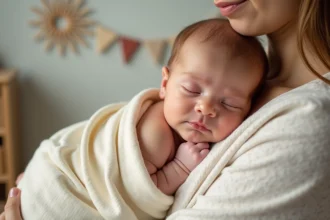 Nouveau-ne dans les bras de sa mère dans une nurserie chaleureuse