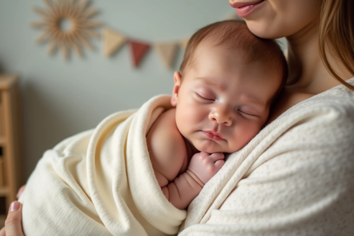 Nouveau-ne dans les bras de sa mère dans une nurserie chaleureuse