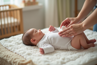 Maman nettoie le nombril de son bébé nouveau-ne