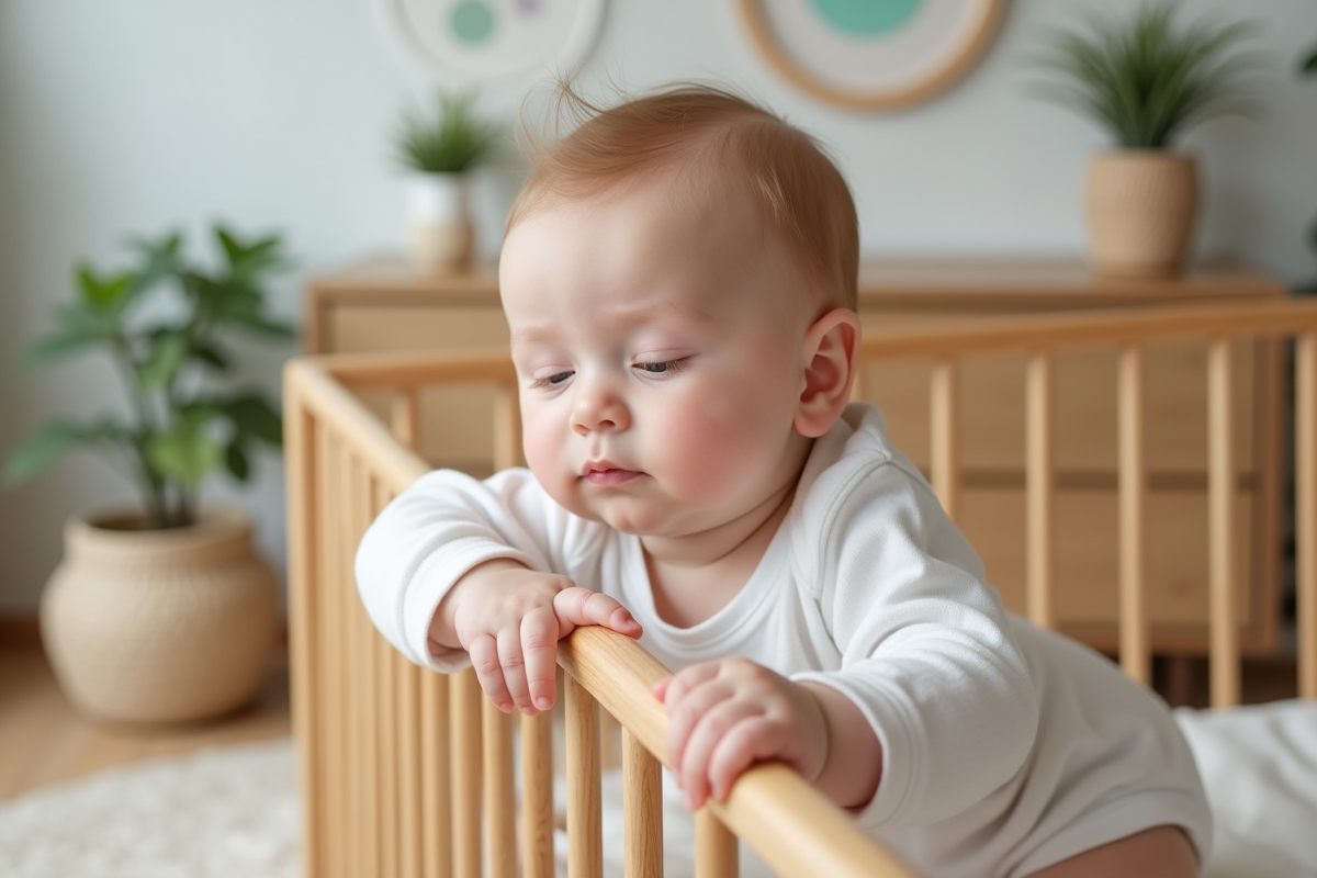 Bébé fille paisible dans un berceau en bois moderne