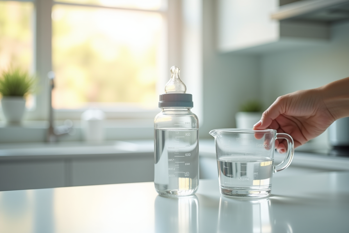 Biberon rempli d'eau sur un plan de cuisine lumineux