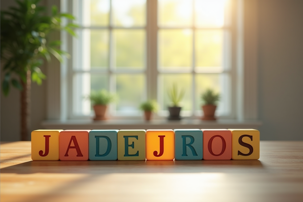 Blocs colorés en forme de lettre J sur une table en bois