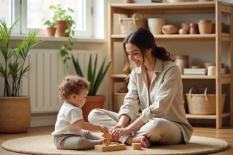 Mère et jeune enfant jouant avec des jouets Montessori en bois dans un salon minimaliste, illustrant le budget matériel éducatif Montessori dès la naissance