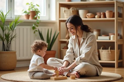 Mère et jeune enfant jouant avec des jouets Montessori en bois dans un salon minimaliste, illustrant le budget matériel éducatif Montessori dès la naissance