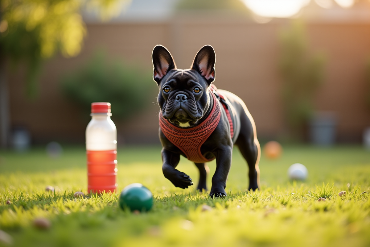 Bulldog français exotique jouant dans le jardin en extérieur