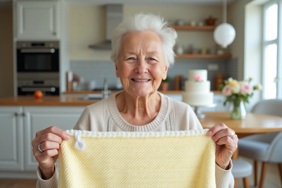 Grand-mère souriante tenant une couverture tricotée personnalisée lors d'une célébration de baptême en famille