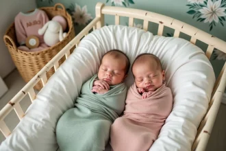 Deux bébés jumeaux emmaillotés côte à côte dans un berceau blanc avec un panier cadeau naissance soigneusement composé dans une chambre de bébé douce et naturelle