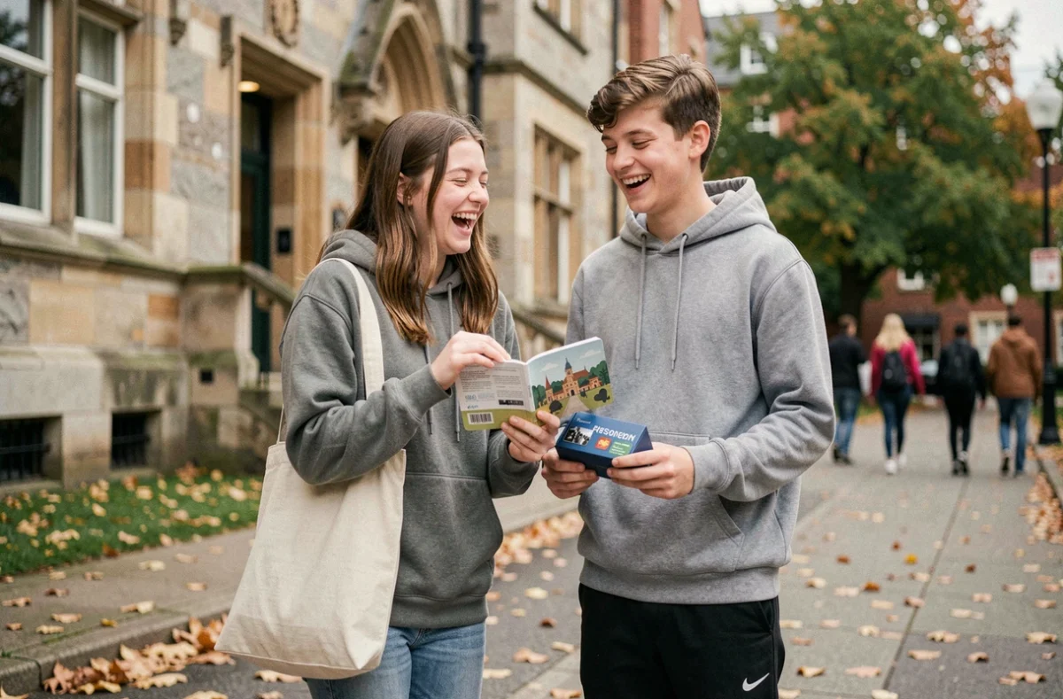 Deux adolescents riant devant un campus universitaire en automne, découvrant des cadeaux de départ en études comme un guide de voyage et un porte-cartes