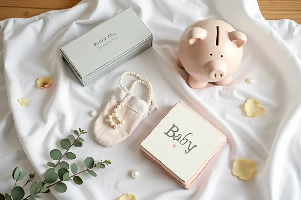 Cadeaux de baptême originaux disposés en flat lay sur lin blanc : boîte gravée, livre illustré, bracelet nacre et tirelire personnalisée