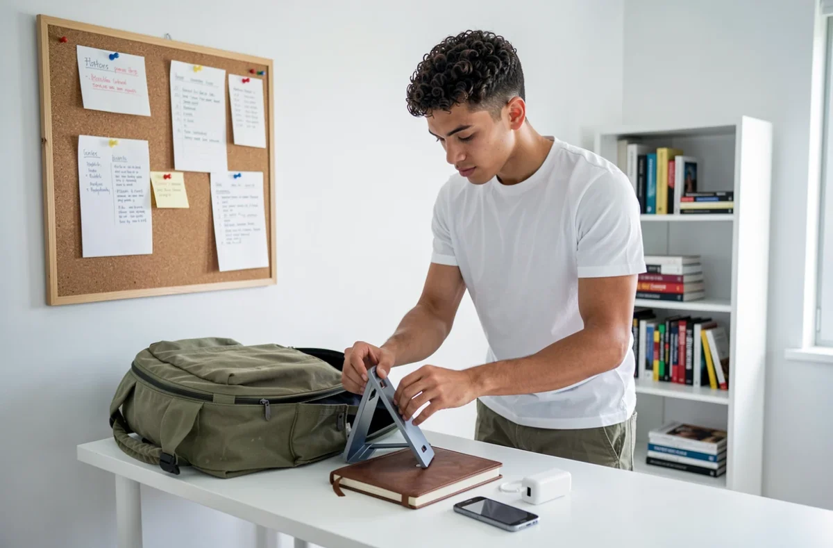 Jeune homme de 18 ans préparant son sac à dos étudiant avec des cadeaux utiles comme un chargeur portable et un carnet en cuir dans une chambre minimaliste