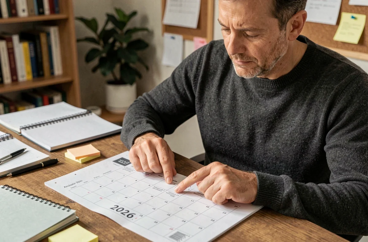 Homme consultant un calendrier annuel 2026 avec semaines paires et impaires posé sur un bureau en bois