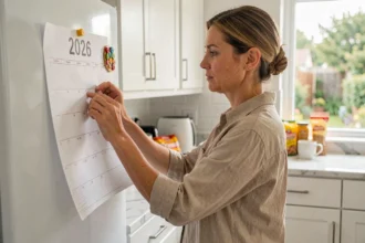 Femme collant un calendrier 2026 semaines paires et impaires sur le réfrigérateur dans une cuisine moderne