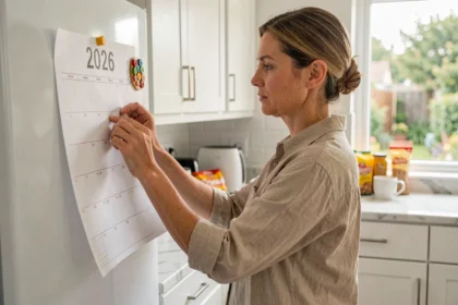 Femme collant un calendrier 2026 semaines paires et impaires sur le réfrigérateur dans une cuisine moderne