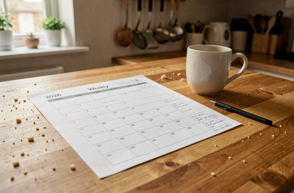 Calendrier imprimé 2026 avec numéros de semaines paires et impaires posé sur une table de cuisine en bois avec un café