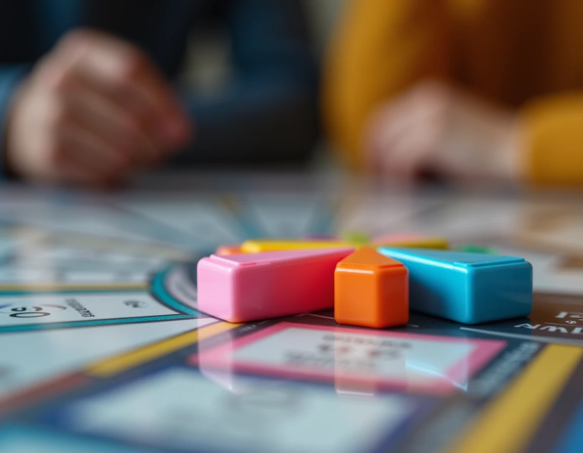Gros plan sur un camembert Trivial Pursuit avec ses segments colorés insérés, posé sur le plateau de jeu