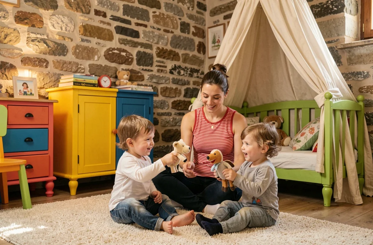 Une animatrice utilise des marionnettes animales pour animer un moment de jeu avec des tout-petits dans la micro-crèche Canaille Plus à L'Herm