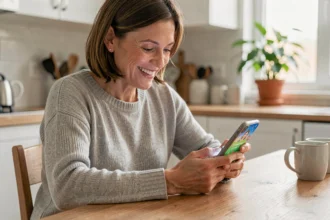Femme souriante regardant une carte d'anniversaire animée sur son smartphone à la cuisine