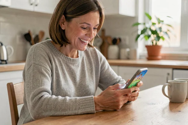 Femme souriante regardant une carte d'anniversaire animée sur son smartphone à la cuisine