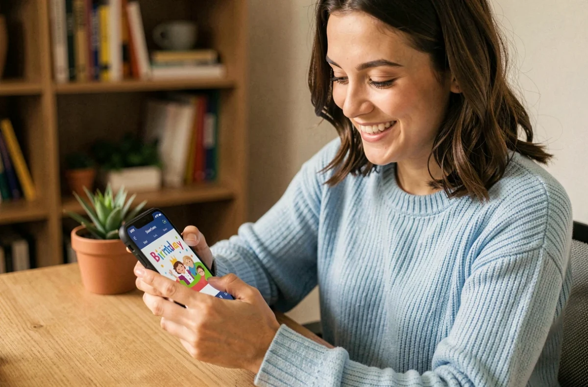 Jeune femme créant une carte anniversaire animée musicale sur smartphone depuis son bureau à domicile